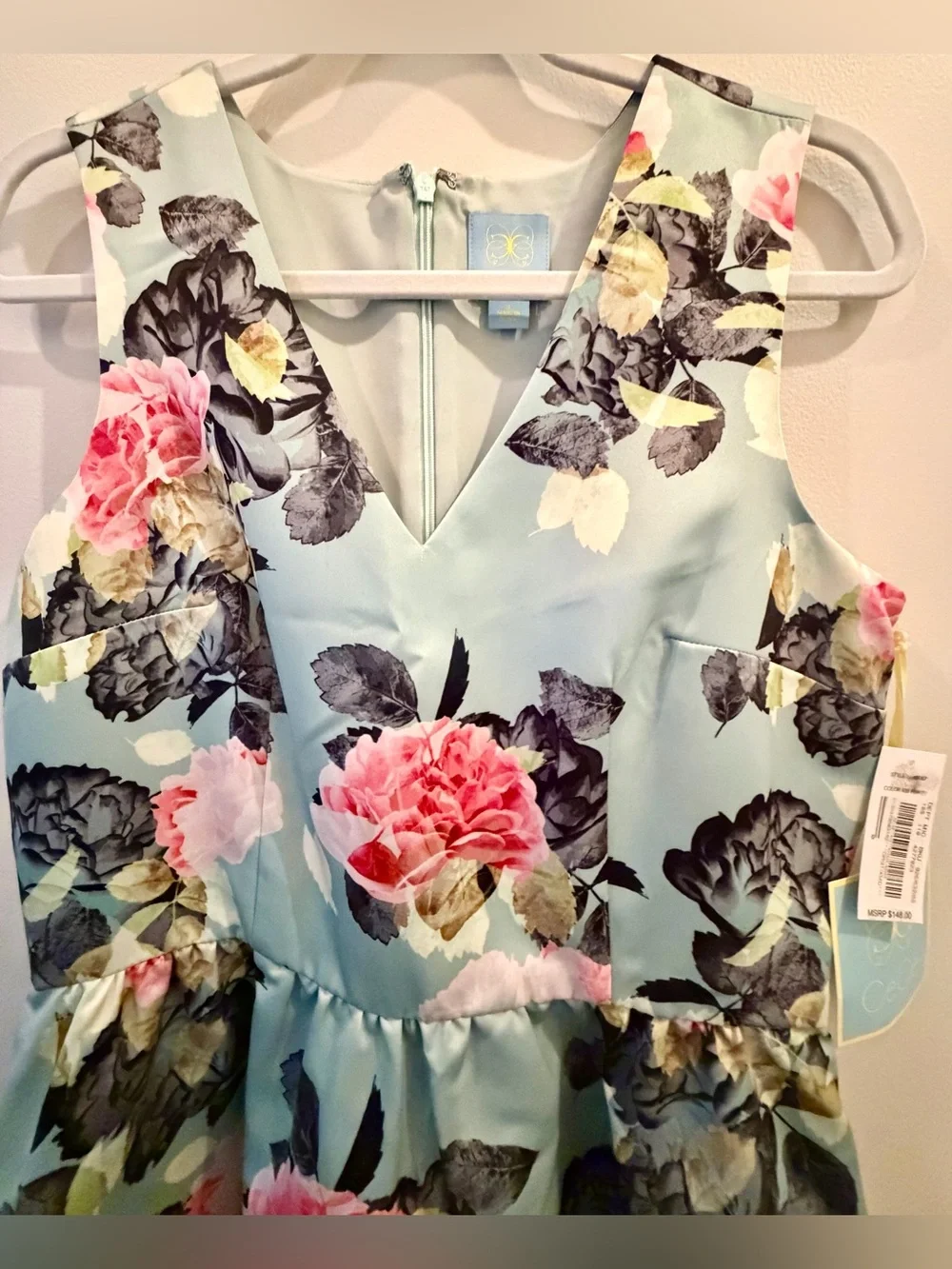 Floral V-Neck Mint Girls Dress with Pink Roses